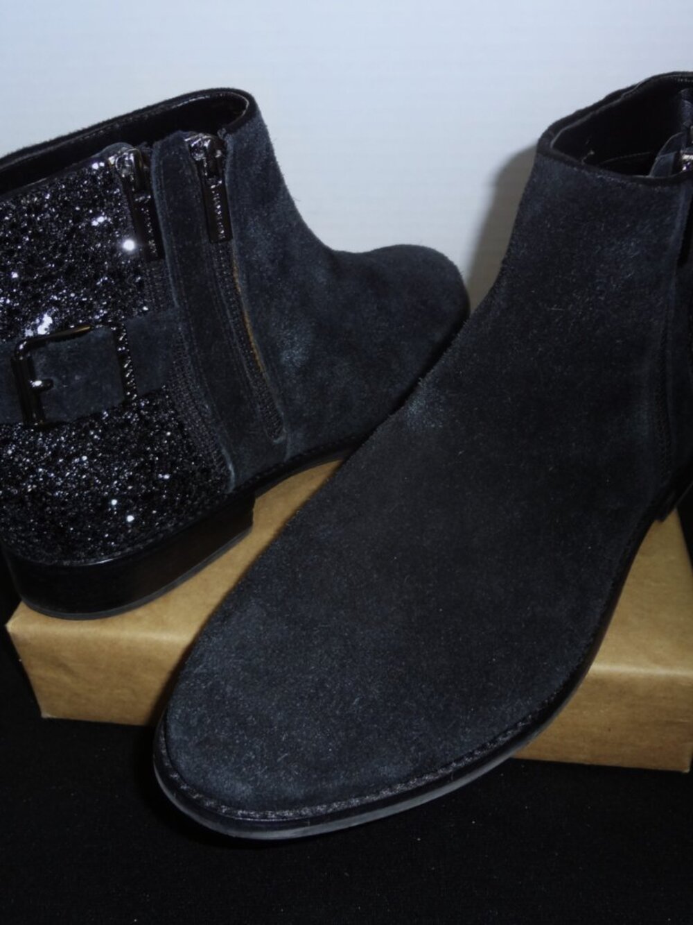 Gianni Bini Black Suede Ankle Boot with two side zippers, Sz 10